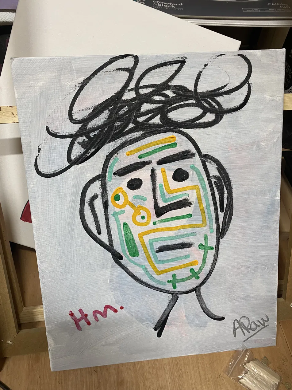 Painted face with green and yellow maze-like lines and black scribbled hair, signed A Raw