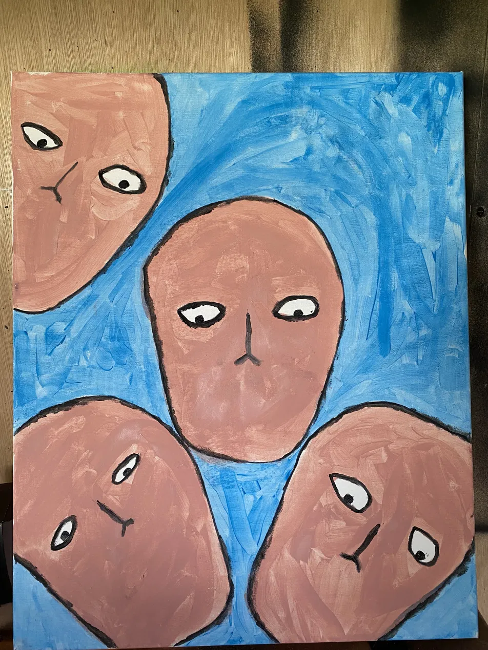 Four worried faces looking in different directions on a bright blue background