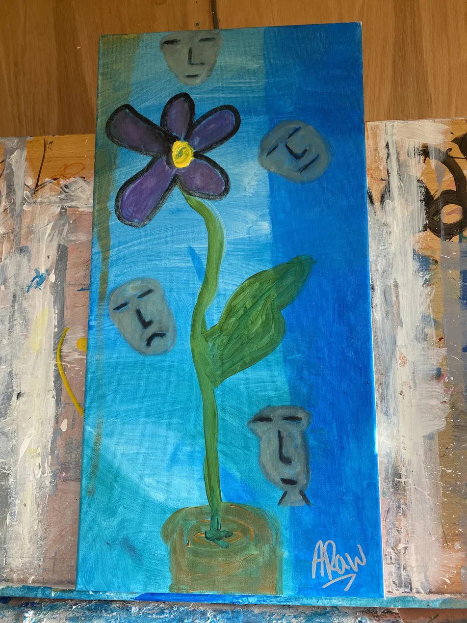 Purple flower growing tall in a pot, surrounded by grey floating faces on a blue background