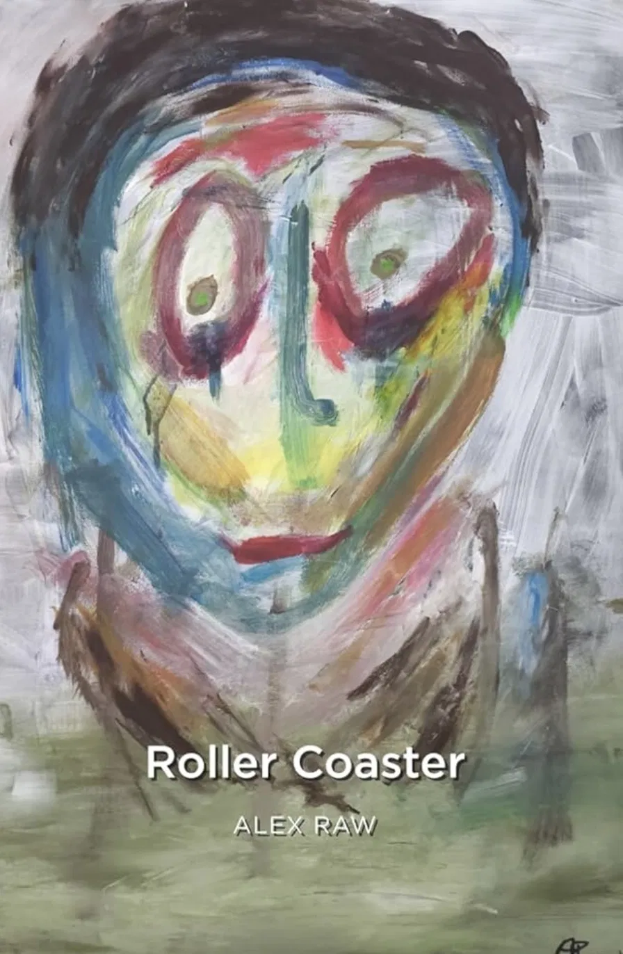 Book cover of Roller Coaster by Alex Raw, showing a painted face with large colourful eyes