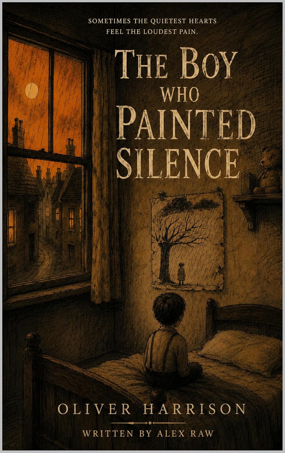 Book cover of The Boy Who Painted Silence by Alex Raw, showing a boy sitting alone in a dimly lit bedroom